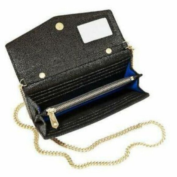 Brian Atwood Clutch Chain Wallet Small Black Leather Crossbody Gold Studded